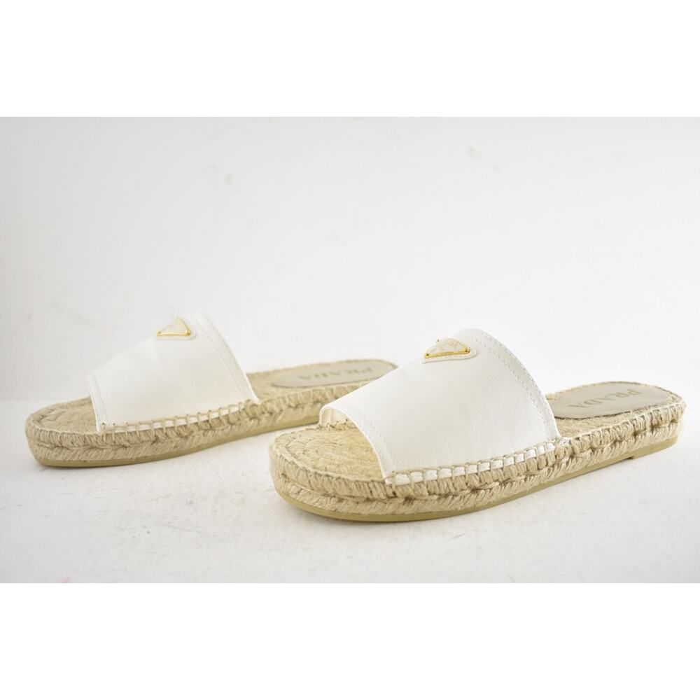 Prada Gold Triangle Logo Avorio White Leather Espadrille Slide Sandal Flat 37 - Picture 14 of 16